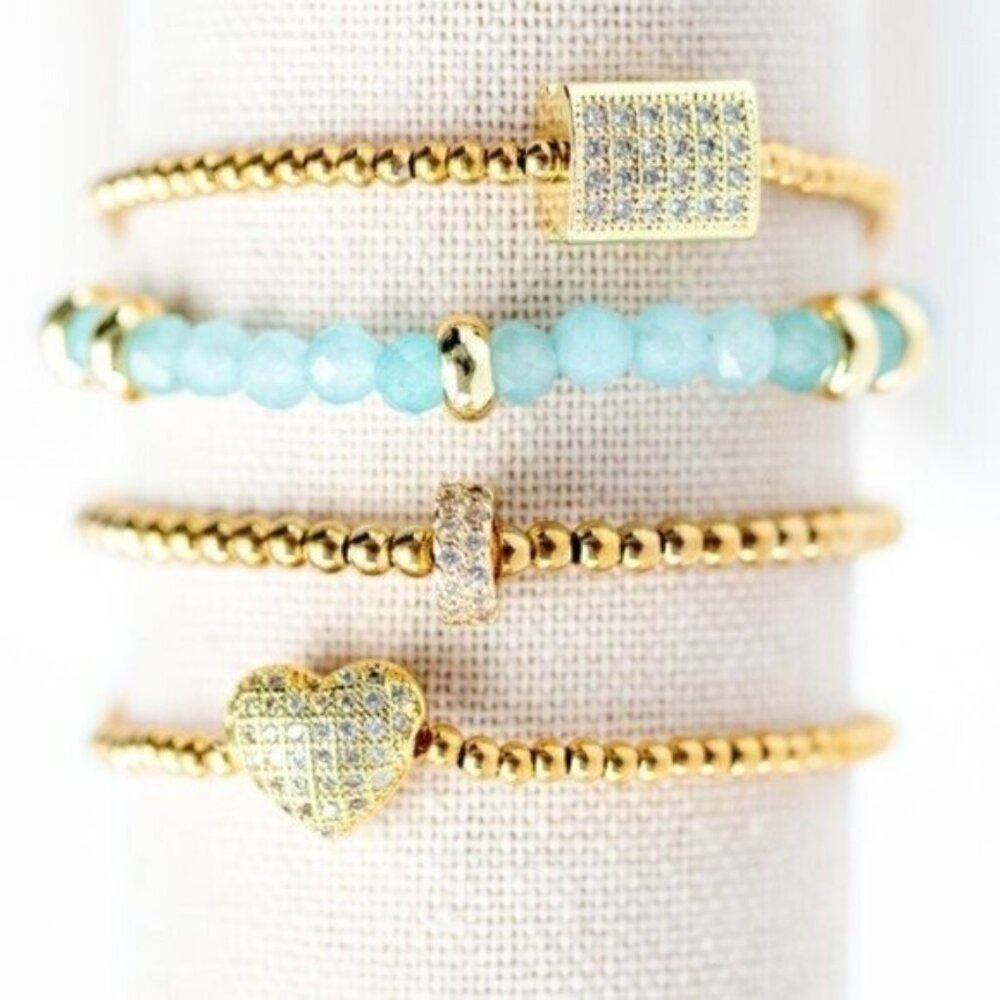4 PIECE SET Gold Beaded Bracelet Stack Waterproof stretch Bracelets Bundle CUTE